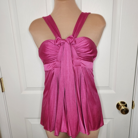 BCBGMaxAzria Tops - BCBGMaxazria Hot Pink Sateen Top Pleated Halter Size XS